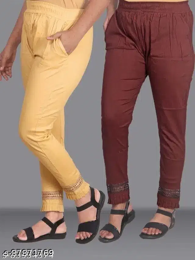 Cotton Lycra Trouser for Women (Beige & Brown, 36) (Pack of 2)