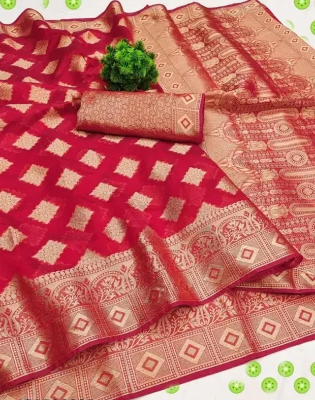 Organza Zari Woven Saree for Women (Red, 6.3 m)