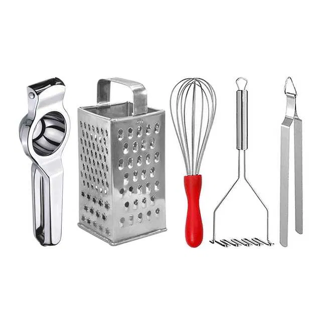 Oc9 Stainless Steel Lemon Squeezer & 4 in 1 Grater Or Slicer & Egg Whisk & Potato Masher & Roti Chimta Kitchen Tool Set (O-150)