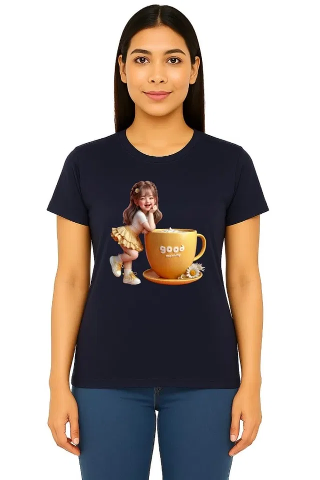 Cotton Blend Printed T-shirt for Women, Navy Blue (L)
