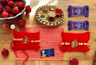 Combo of 2 Pcs Rakhi, 4.5 inch Plate, Greeting Card, Roli Chawal & 2 Pcs Chocolate 