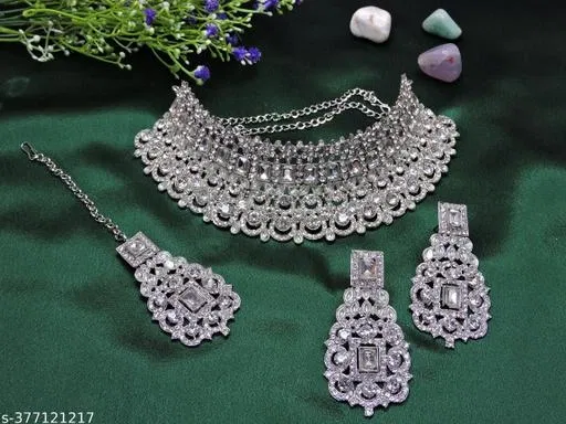 Rose Plated White Diamond Kundan Jewellery for Women (Silver, Free Size)