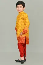 Dupion Silk Printed Kurta with Payjama for Boys, Yellow & Red 