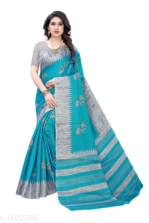 Khadi Silk Printed Saree for Women, Blue (6.3 m)