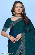 Chiffon Embroidered Saree For Women, Teal