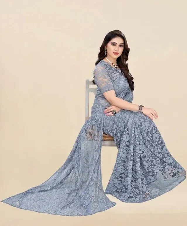 Net Floral Saree for Women (Grey, 6.3 m)