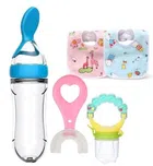 Silicone Food Feeder, Soother with Toothbrush & 2 Pcs Bibs for Kids (Multicolor, Set of 4)