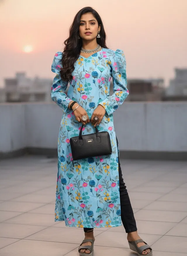 A-line Kurti for Women (Blue, S)