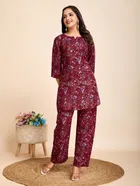 Cotton Blend Printed Kurti With Pant & Dupatta for Women, Maroon 