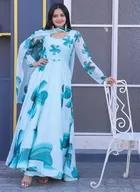 Crepe Printed Gown with Dupatta for Women (Aqua Blue, S)