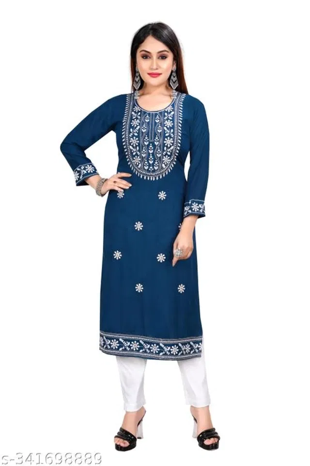 Rayon Slub Embroidered Kurta with Pant for Women (Navy Blue, XL)