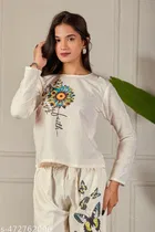 Cotton Blend Butterfly Print Top with Matching Pant Set for Women 