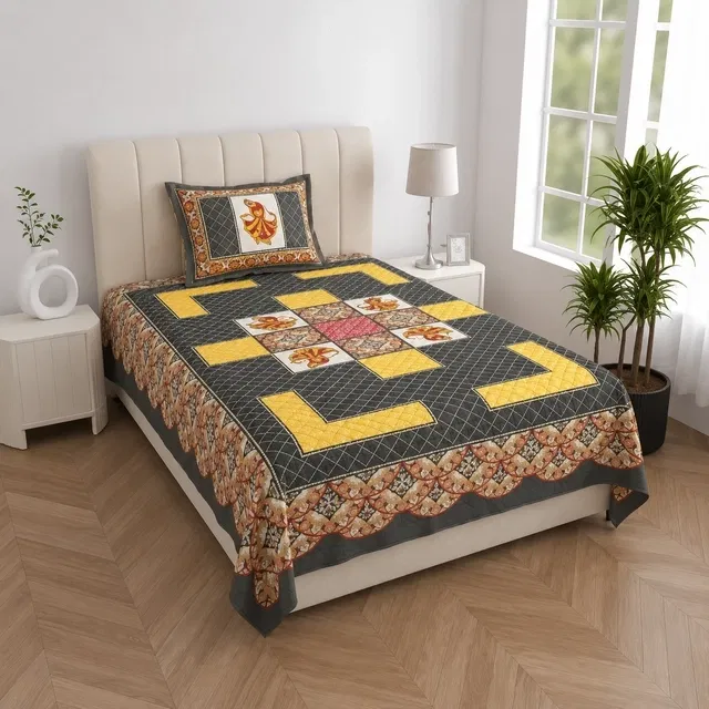 Flat Jaipuri Prints Single Bedsheet with 1 Pillow Cover 100% Cotton ( Grey)
