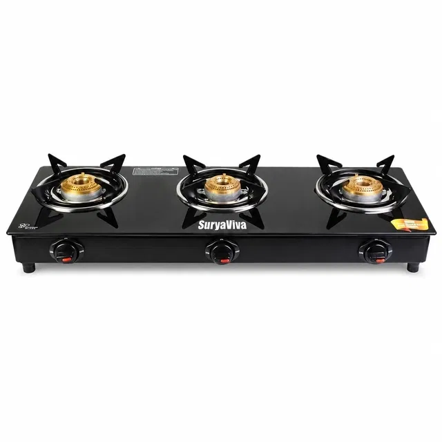 SuryaViva 3B Photon Bk Toughened 3 Cast Iron [Manual,Black] Glass Manual Gas Stove [3 Burners]