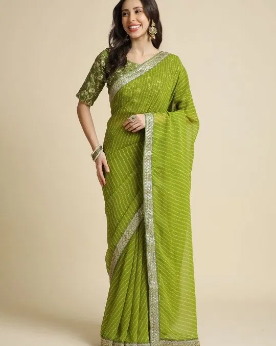 Georgette Solid Saree for Women, Olive (6.3 m)
