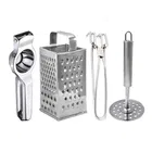 Oc9 Stainless Steel Lemon Squeezer & 4 in 1 Grater Or Slicer & Utility Pakkad & Potato Masher Kitchen Tool Set 