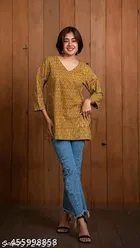 Cotton Printed Short Kurti for Women, Orange 