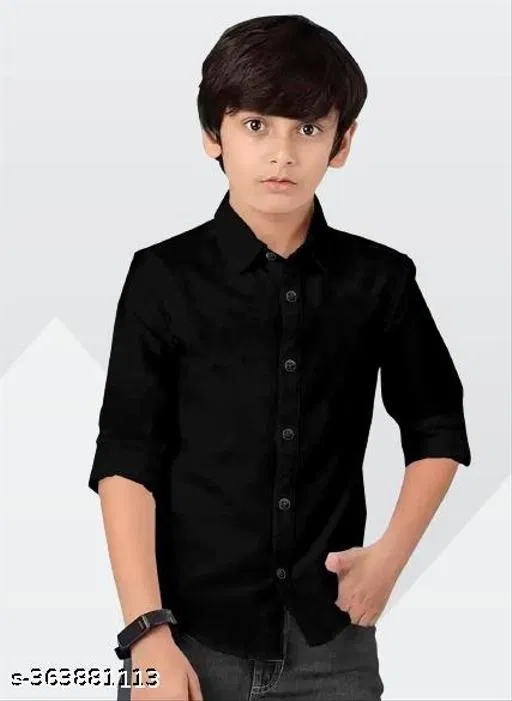 Solid Cotton Blend Long Sleeve Spread Collar Shirt for Boys (Black, 8-9 Years)