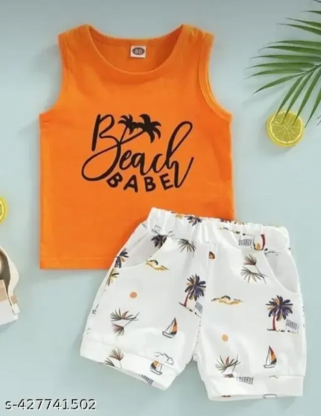 Cotton Printed Clothing Set for Boys (Orange & White, 4-5 Years)