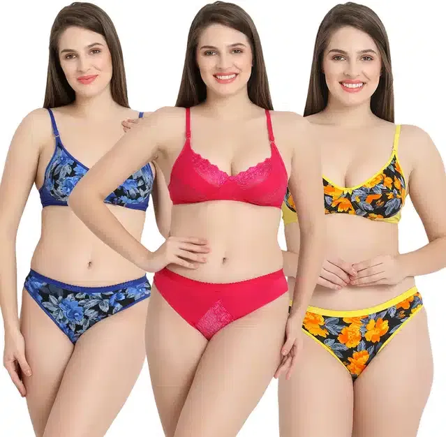 Cotton Blend Lingerie Set for Women (Multicolor, 30) (Set of 3)