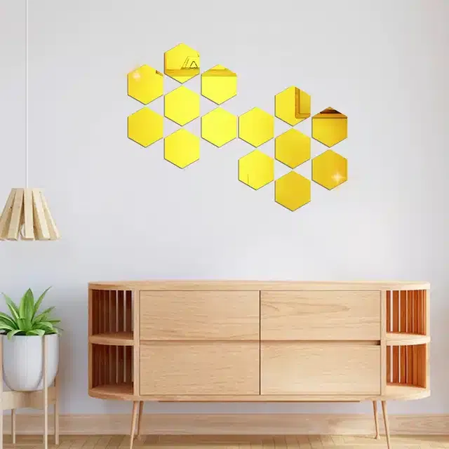 Acrylic Hexagon Shaped Wall Mirror Stickers (Gold, Pack of 14)