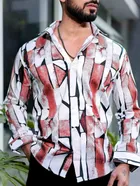 Full Sleeves Printed Shirt for Men (Red & White, S)