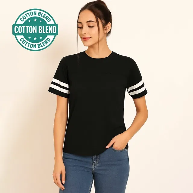 Round Neck Solid T-Shirt for Women (Black, S)