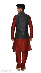Dupion Silk Solid Kurta with Pyjama & Jacket for Men 