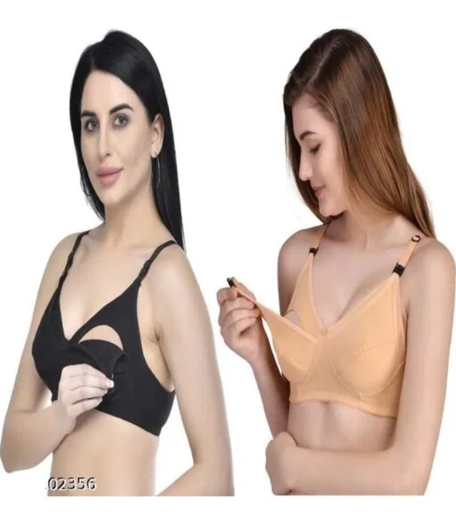 Cotton Blend Solid Non Padded Feeding Bras for Women (Multicolor, 2XL) (Pack of 2)