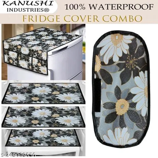 KANUSHI Industries® 1Pc Fridge Cover for Top with 6 Utility Pockets + 1 Handles Covers + 3 Fridge Mats (FRI-NW-03-COMBO-3-MATS)