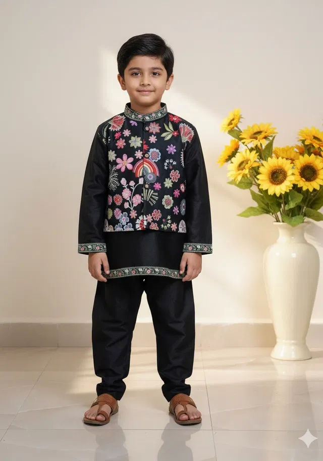 Silk Blend Printed Kurta,Waistcoat & Payjama Set For Boys, Black (5 - 6 Years)