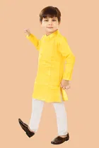 Cotton Blend Solid Kurta with Payjama for Boys, Yellow & White 