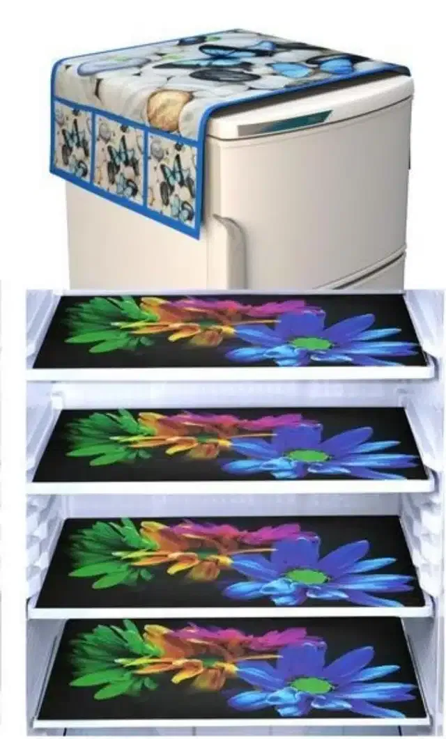Knit Printed Fridge 4 Pcs Mat with Top Cover (Multicolor, Set of 1)