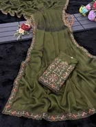 Crepe Solid Saree for Women, Olive 