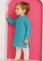 Cotton Blend Printed Kurta with Payjama for Boys, Teal & White 
