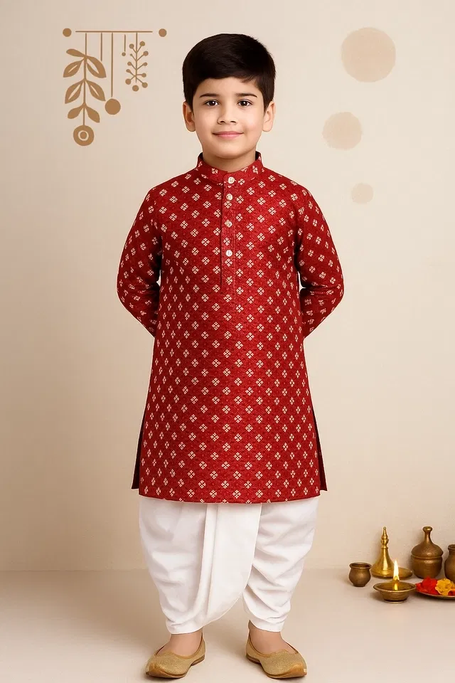 Dupion Silk Printed Kurta with Dhoti for Boys, Maroon & White (8-9 Years)