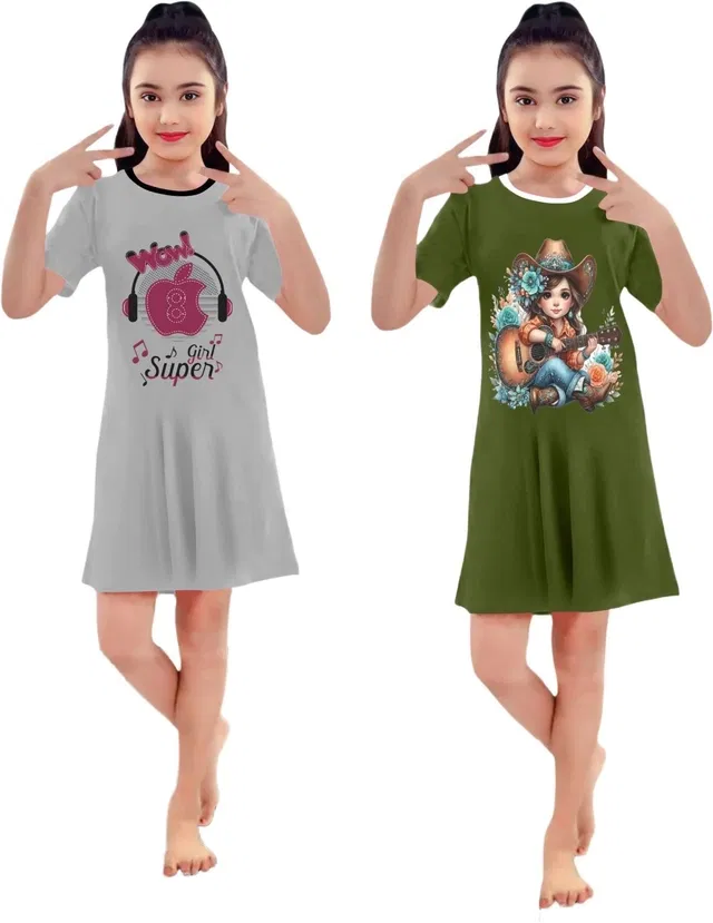 Graphic Print Shift Dress for Girls, Pack of 2 (Grey & Olv, 5-6 Y)