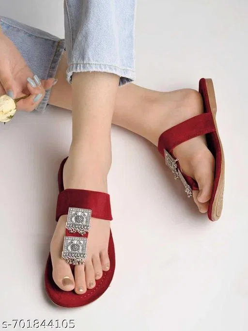 Solid Flat Sandals for Women (Red, IND-5)