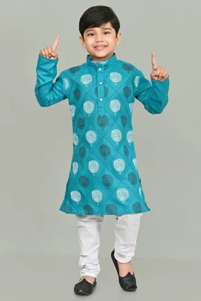 Printed Cotton Kurta and Pajama Set for Boys (Turquoise, 8-9 years)