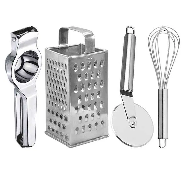 Oc9 Stainless Steel Lemon Squeezer & 4 in 1 Grater Or Slicer & Pizza Cutter & Egg Whisk Kitchen Tool Set (O-118)