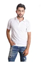 Poly Cotton Solid Polo Neck T-Shirt for Men, White 