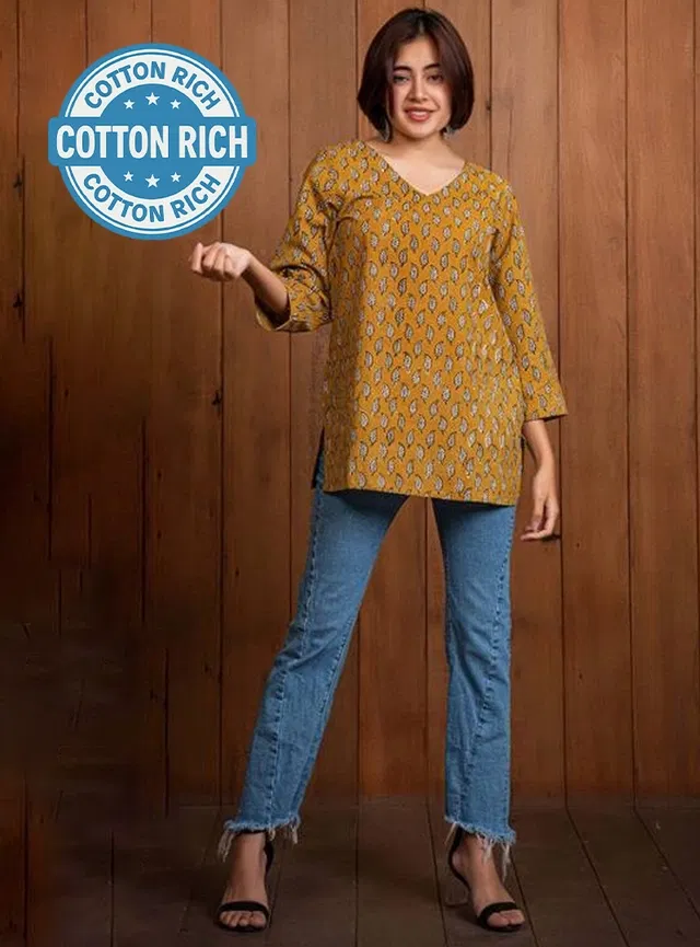 Cotton Block Print Short Kurti for Women (Yellow, L)