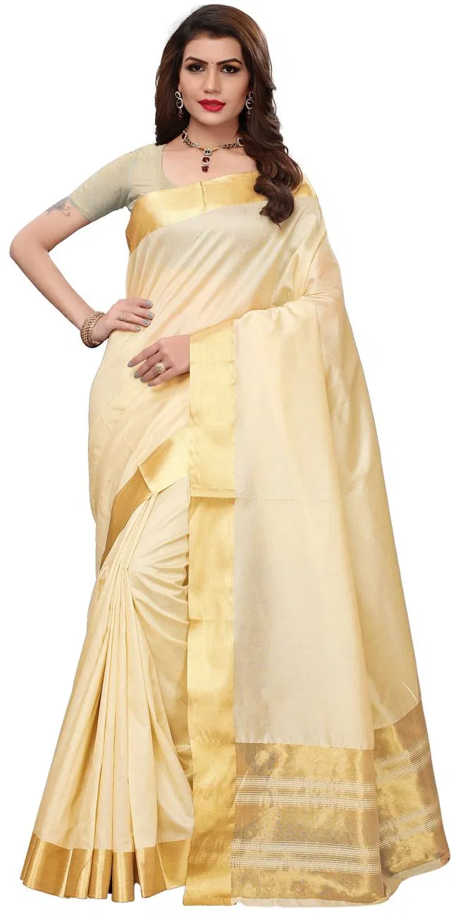 यशिका डिज़ाइनर विमेंस साड़ी कॉटन सिल्क विद अन्स्टिच ब्लाउज पीस (क्रीम, 5.5M) (Y-69)