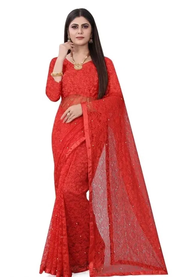Net Solid Saree for Women (Red, 6.3 m)