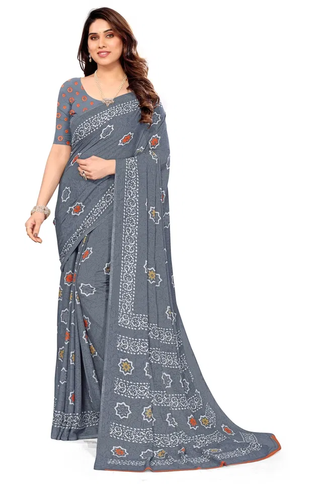 Georgette Printed Saree for Women (Grey, 6.3 m)