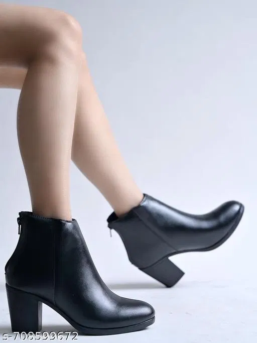 Shoetopia Synthetic Block Heeled Boots Black IND-7