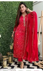 Rayon Bandhani Kurta with Pant & Dupatta for Women (Red, S)
