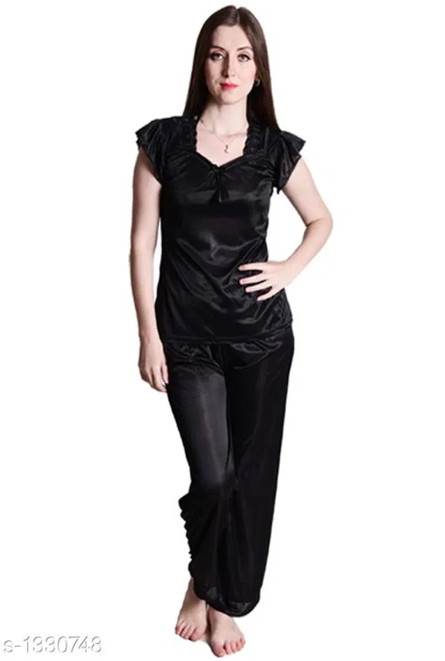 Satin Nightsuit Set for Women (Black, Free Size)