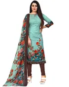 Cotton Blend Floral Print Unstitched Suit with Dupatta for Women (Blue)