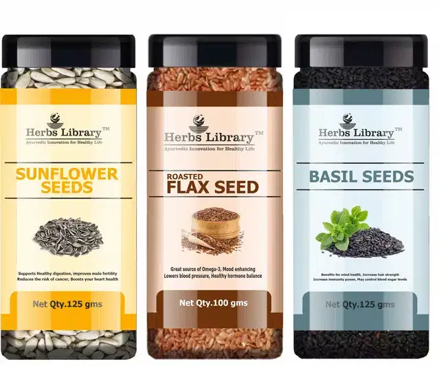 Herbs Library Sunflower Seeds, Roasted Flax Seeds and Basil Seeds (Pack of 3, 125 g)